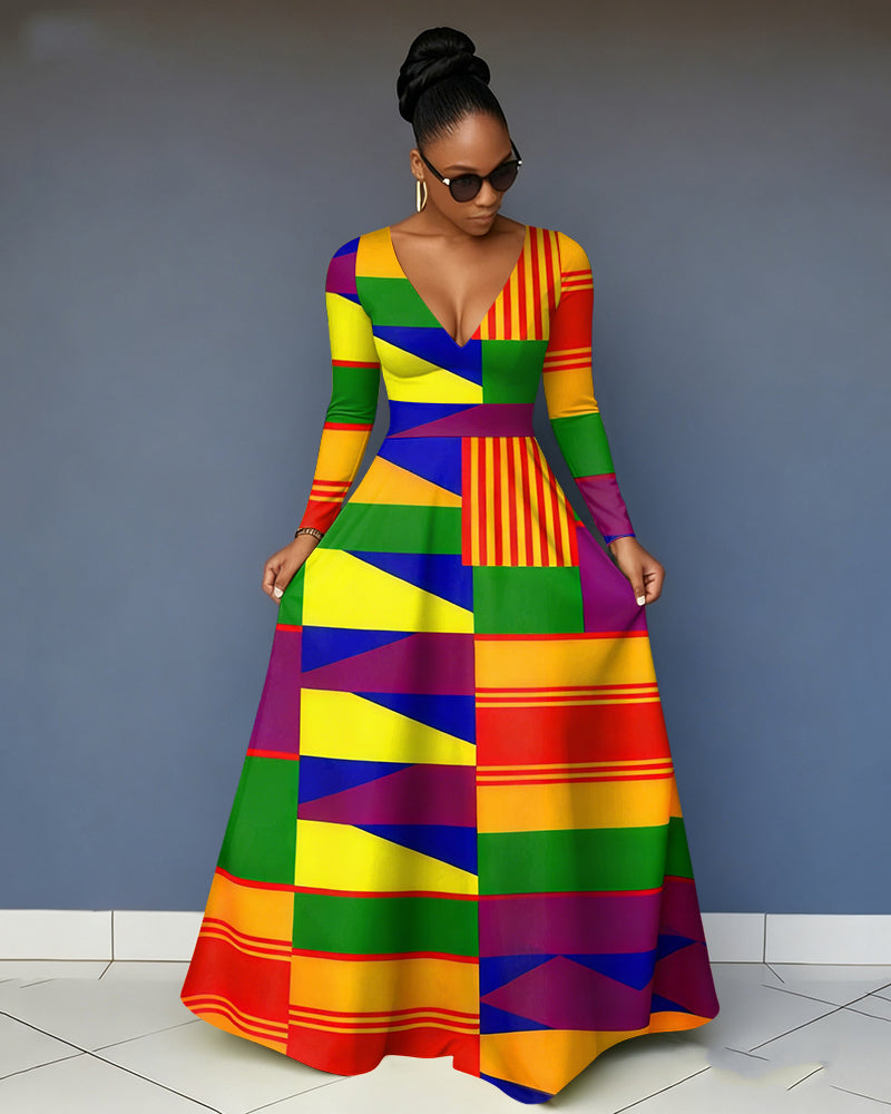 V-Neck Africa Print Long-Sleeved Pocket Maxi Dress