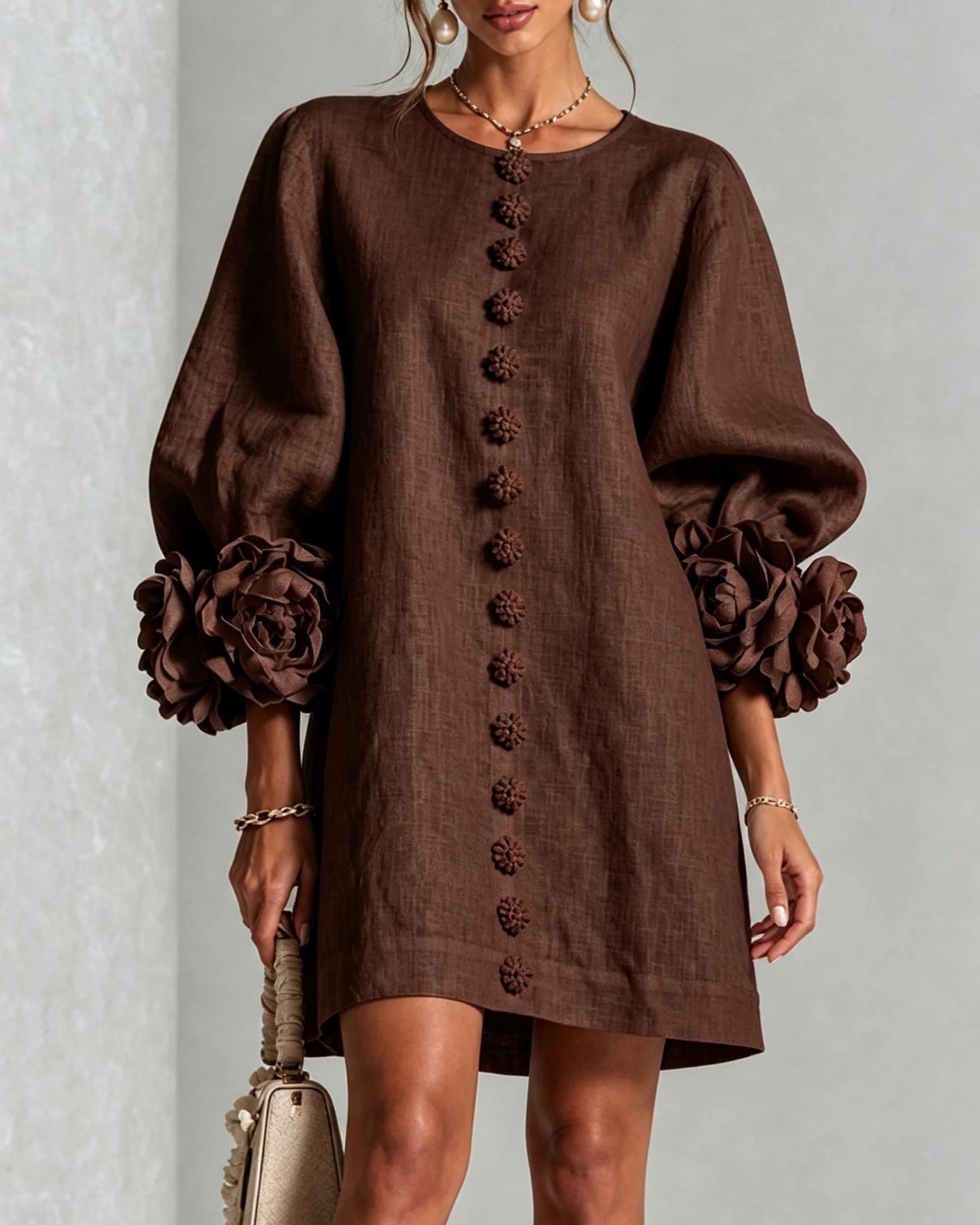 Linen Blend Flowers Button Down Floral Cuffs Half Sleeve Mini Dress