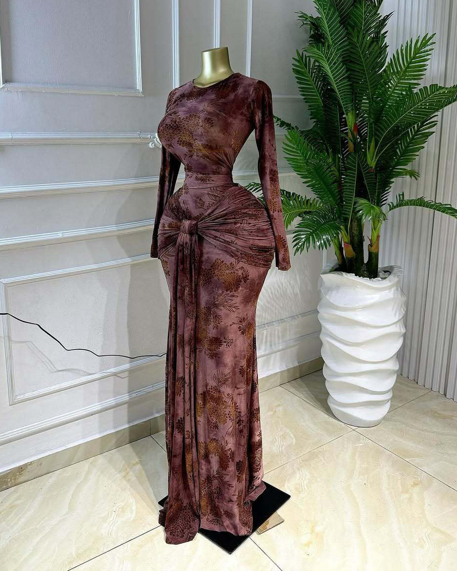 Elegant Floral Printed Long Sleeve Mermaid Maxi Dress