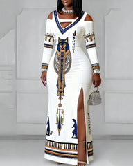 Cutout Off-shoulder V-neck Black Culture Egyptian Cat Cross Long Sleeve Bodycon Party Dress