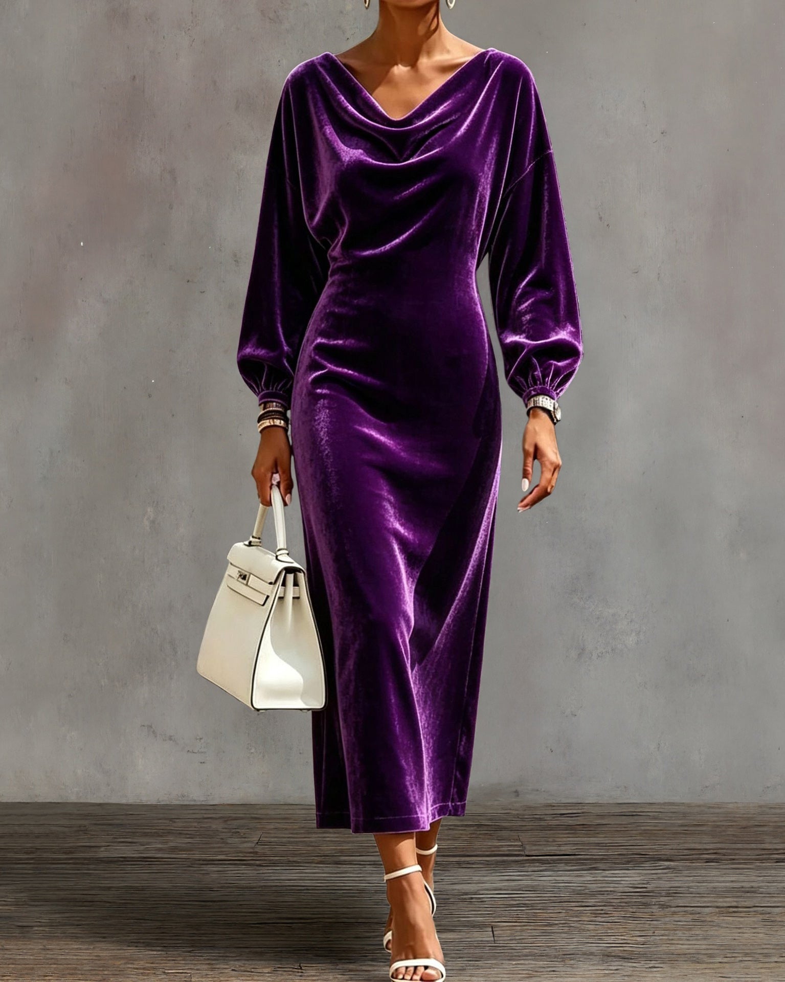 Cowl Neck Batwing Long Sleeve Velvet Midi Dress