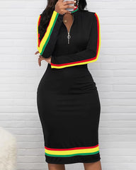 Simple Reggae Stripes Zipper Stand Collar Long Sleeve Bodycon Dress