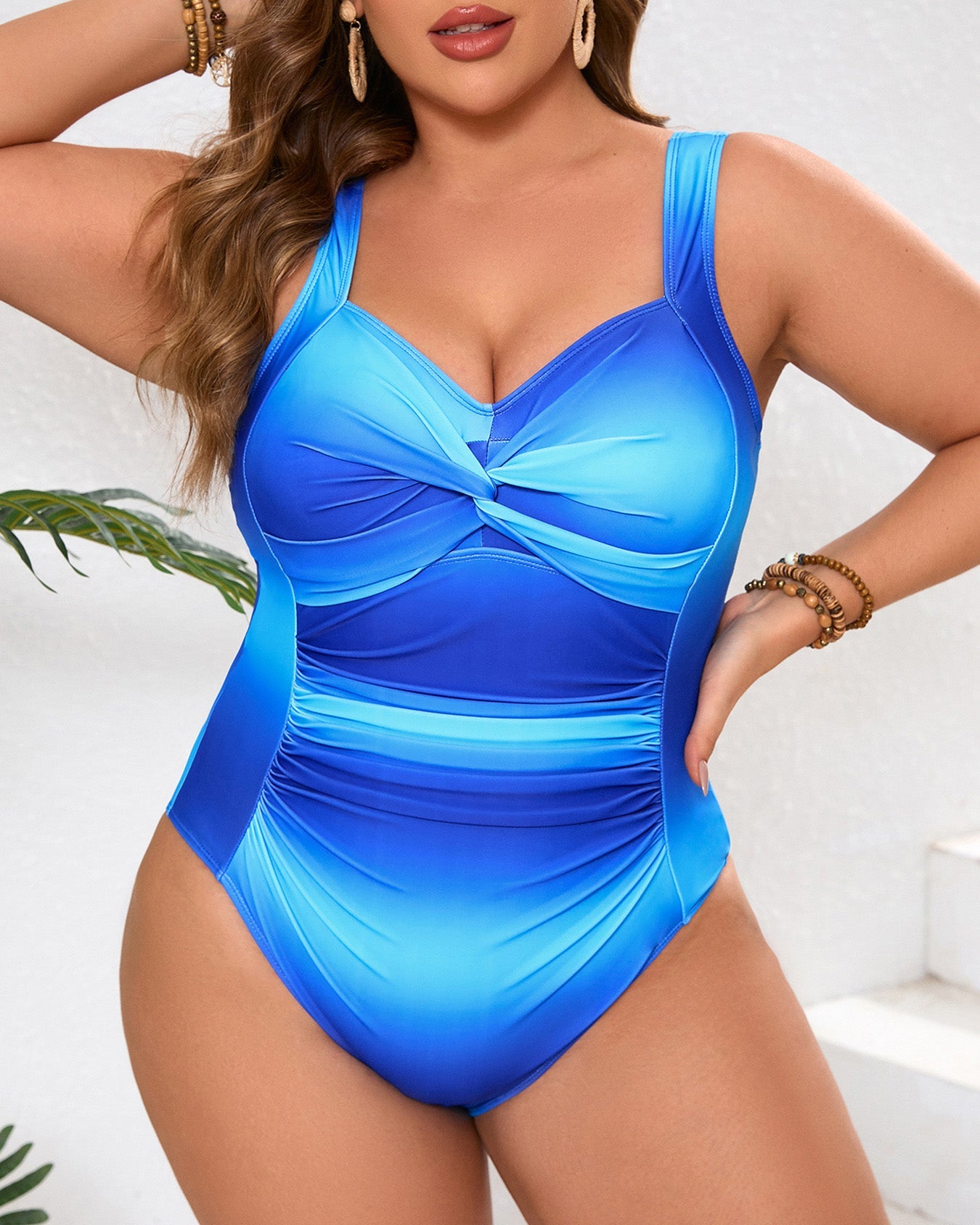 Plus-size Gradient Color Crossover Design One-piece Swimsuit