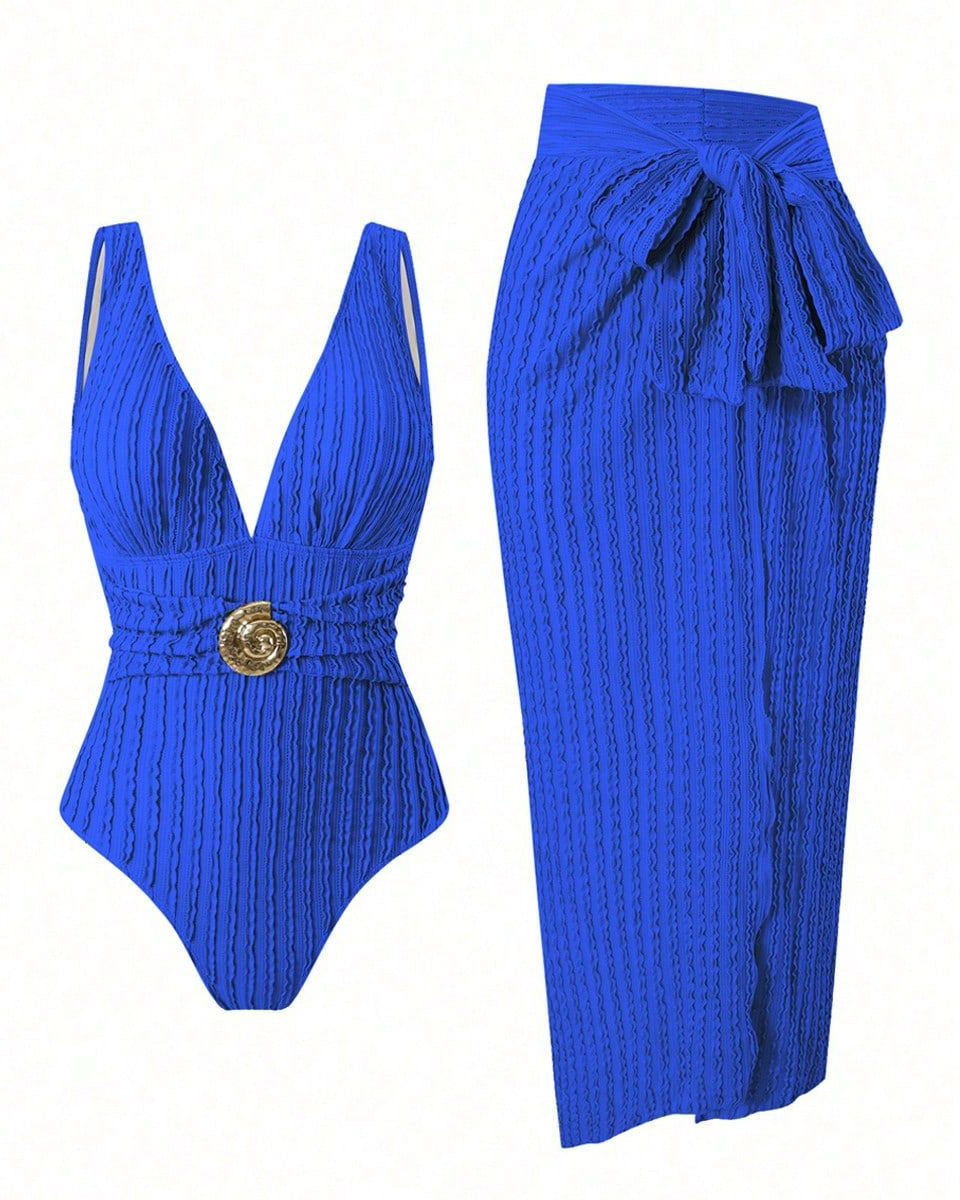 Deep V-neck Retro Swimsuit and Beach Dress Set with Seashell Buckle