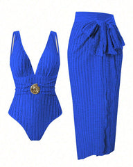 Deep V-neck Retro Swimsuit and Beach Dress Set with Seashell Buckle