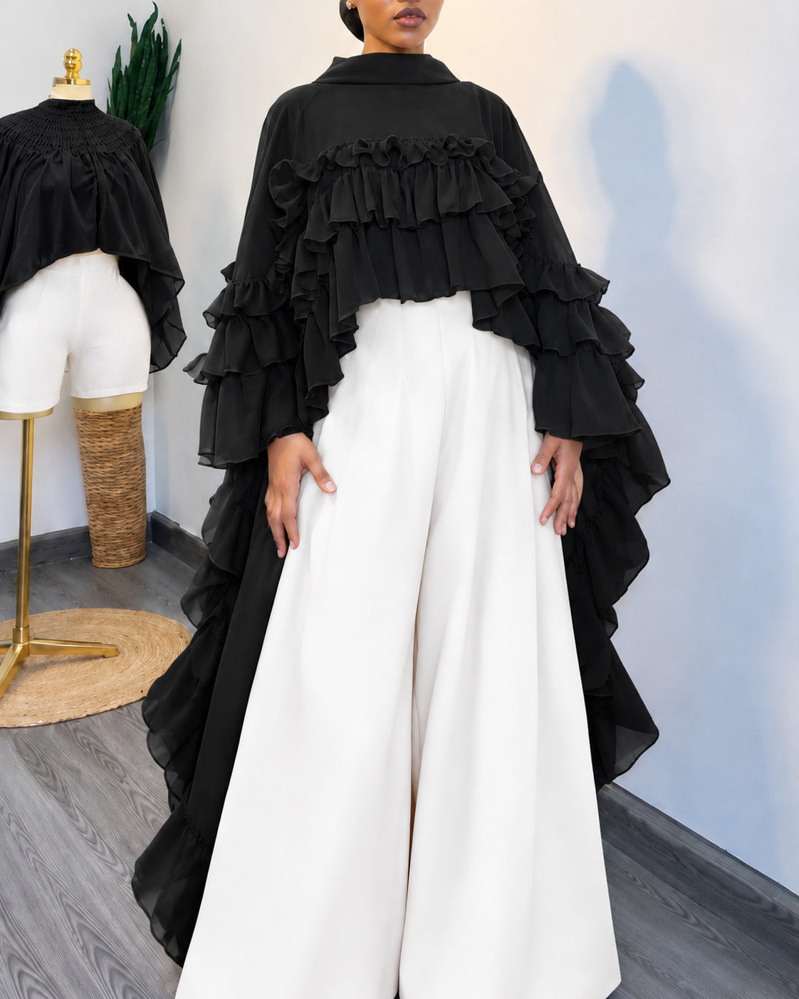 Mock Neck Tiered Ruffle Chiffon Cape Long Blouse