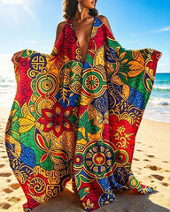 Colorful Hawaiian Flowers Off-shoulder V-neck Long Kaftan Dress