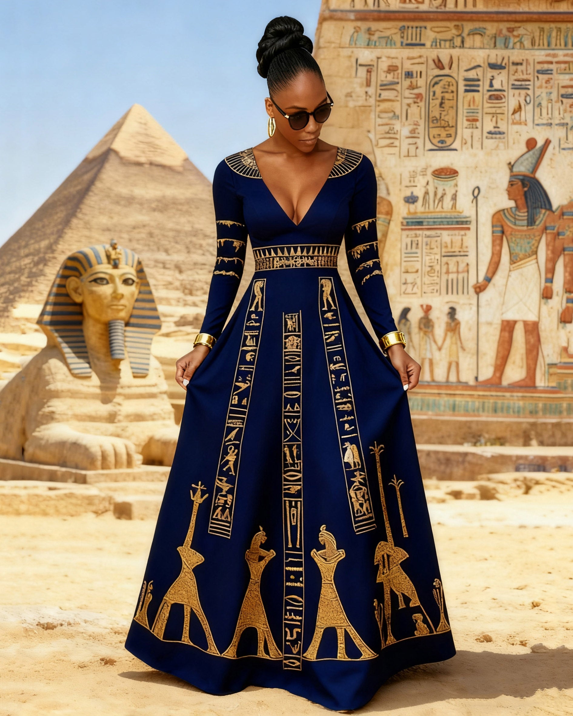 V Neck Black Culture Egyptian Anka Symbol Long Sleeves Maxi Dress