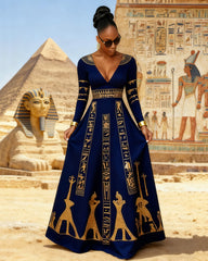 V Neck Black Culture Egyptian Anka Symbol Long Sleeves Maxi Dress