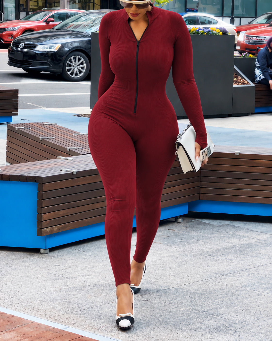 Long Sleeve Half Zip Mock Neck Ribbed Jumpsuit