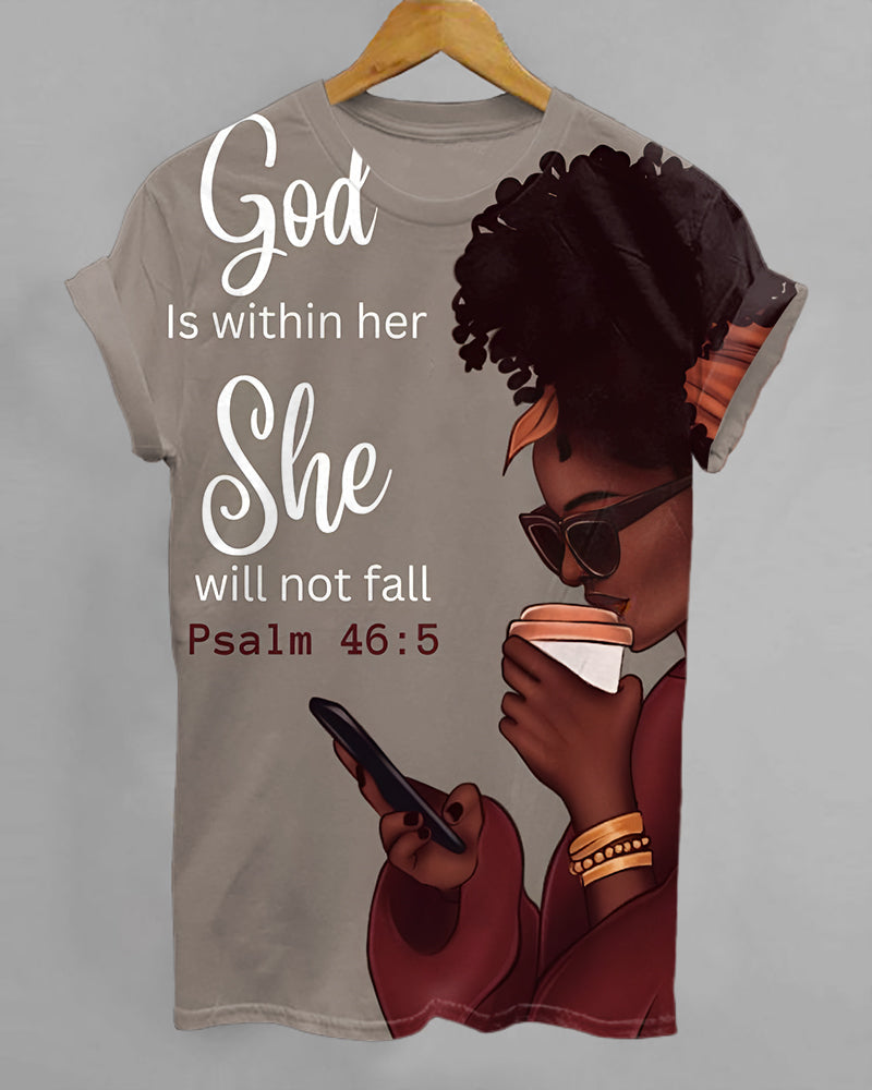God Is Within Her Print Crew Neck Short Sleeve T-Shirt