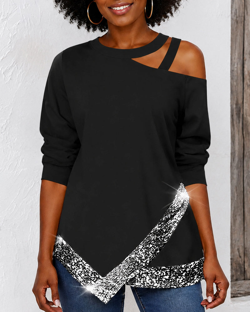 Off-shoulder Irregular Sequined Long-sleeved Casual Top