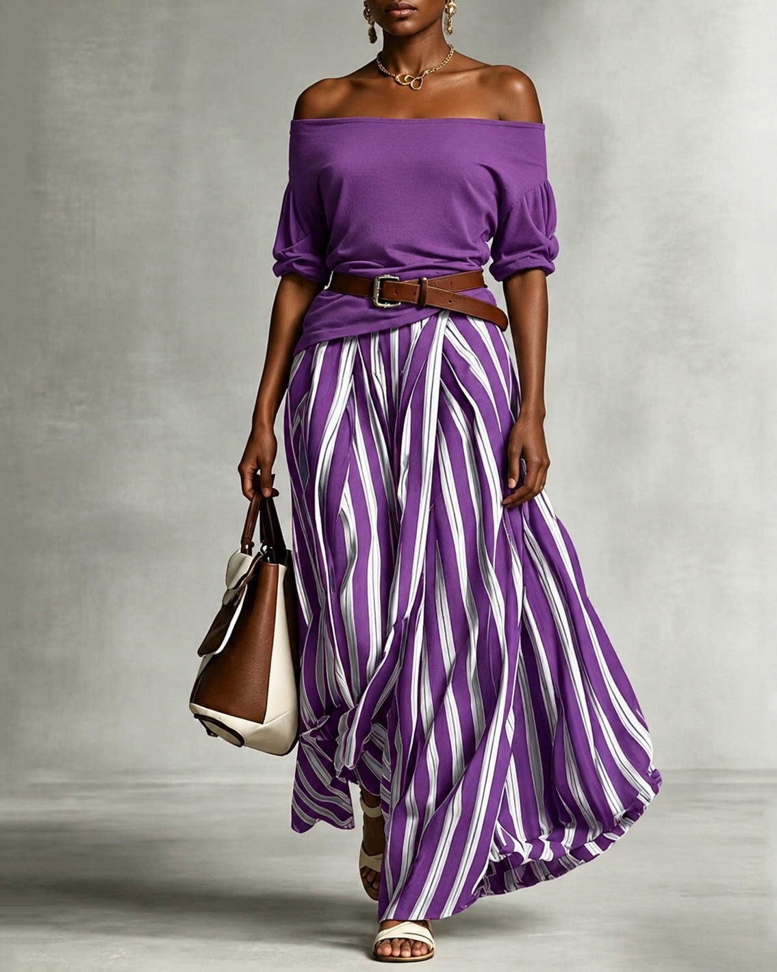 Off Shoulder Puff Sleeve Top & Striped Midi Skirt Two-Piece Set Includes Belt