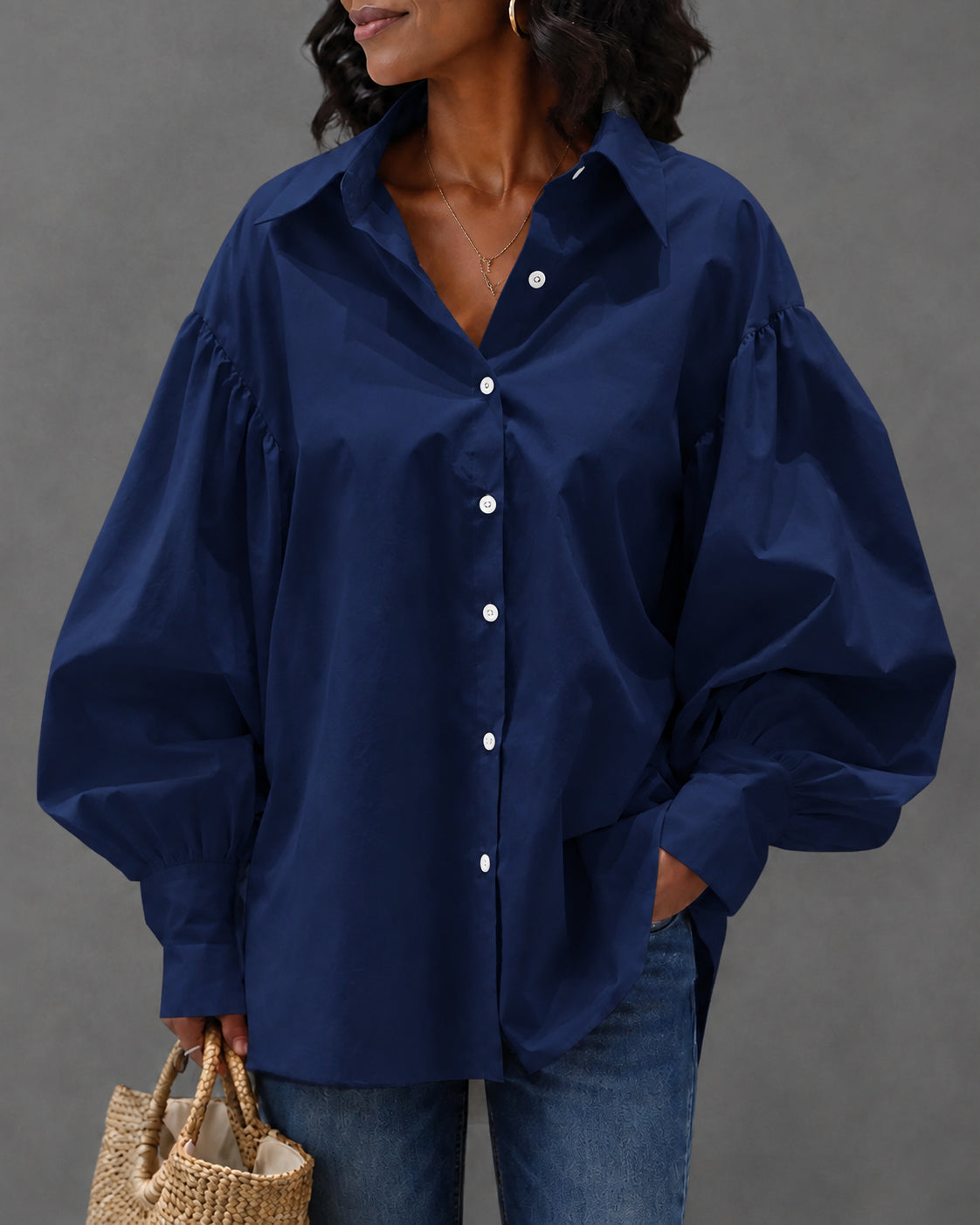 Lantern Sleeve Button-down Loose-fitting Stylish Shirt Blouse