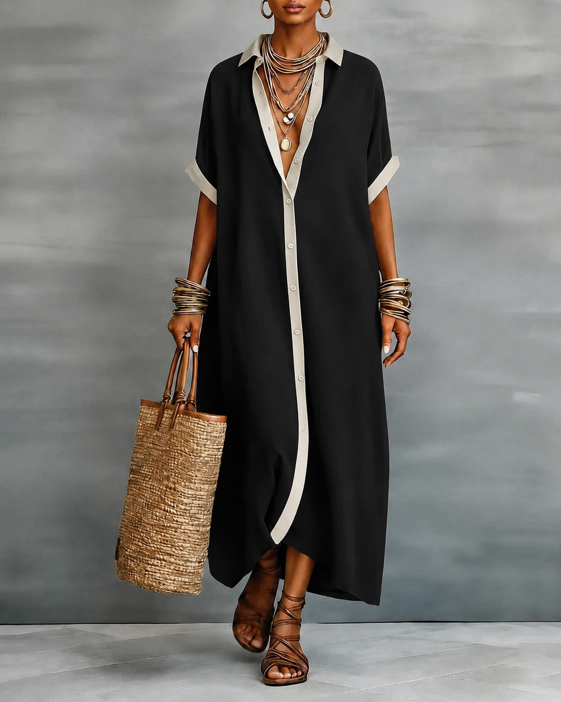 Button-down Collar Striped Color-blocked Cotton Linen Shirt Dress