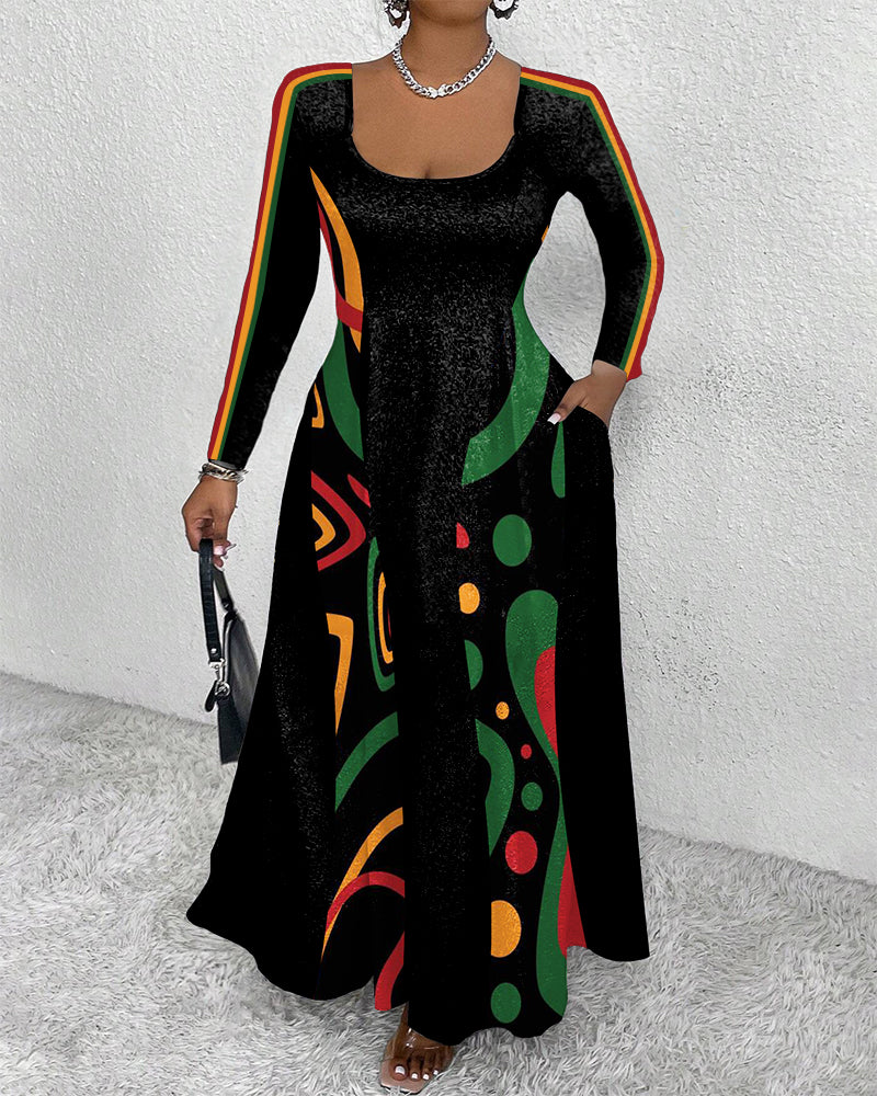 U-neck Black Totem Color Blocking Pocket Long Sleeves Maxi Dress