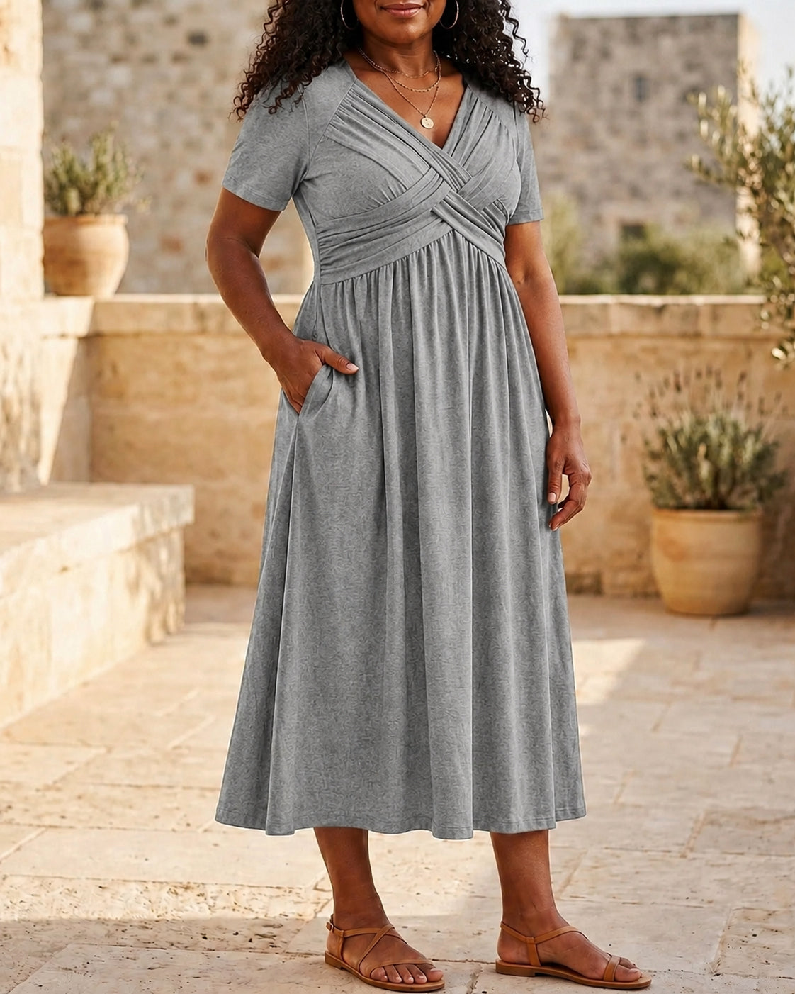 Rossover V-Neck Midi Dress with Pockets
