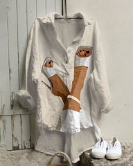 Women's Fashion High Heel Slippers Print Cotton And Linen Tunic Shirt