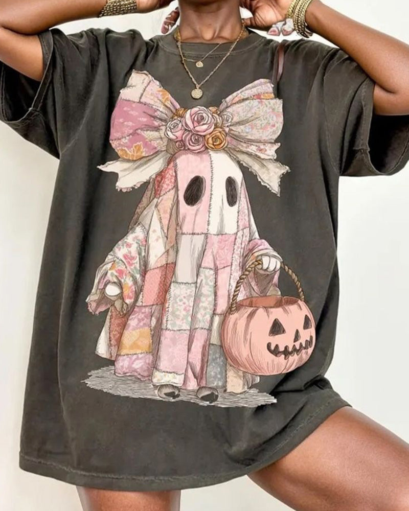 Retro Halloween Pink Denim Ghos Crew Neck Casual Short-Sleeved T-Shirt