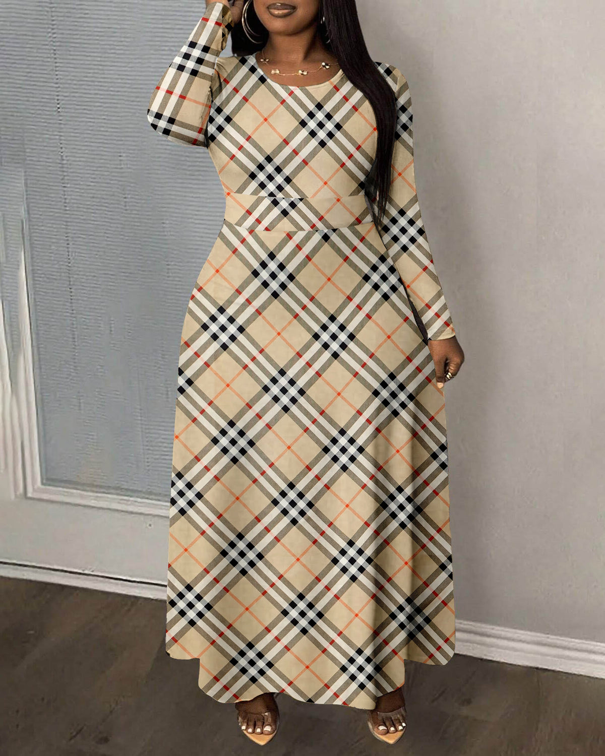 Classic Plaid Print Round Neck Long Sleeve Maxi Dress