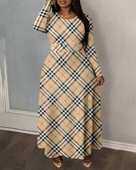 Classic Plaid Print Round Neck Long Sleeve Maxi Dress
