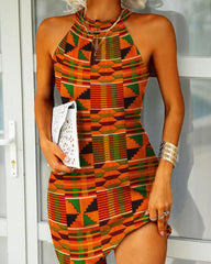 Contrast geometric print halterneck dress