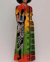 Juneteenth Ethnic Print Lapel Pocket Dress