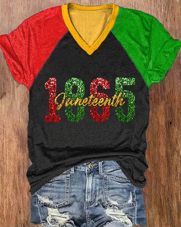 Color Blocking Juneteenth 1865 V-neck Short Sleeve Tshirt