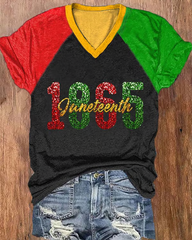 Color Blocking Juneteenth 1865 V-neck Short Sleeve Tshirt