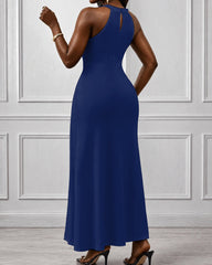Ankara Curved Stripes Hollow-out Halter Neckline Bodycon Maxi Dress