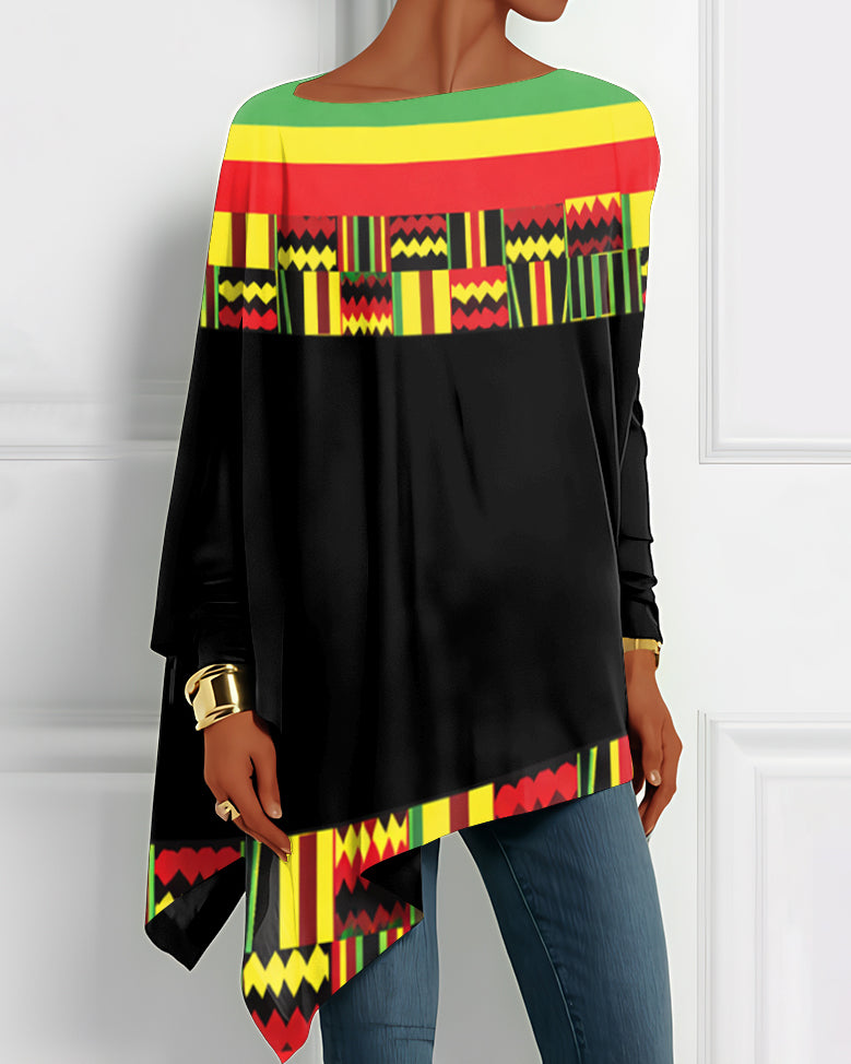 Reggae Geometric Patchwork Print Irregular Top