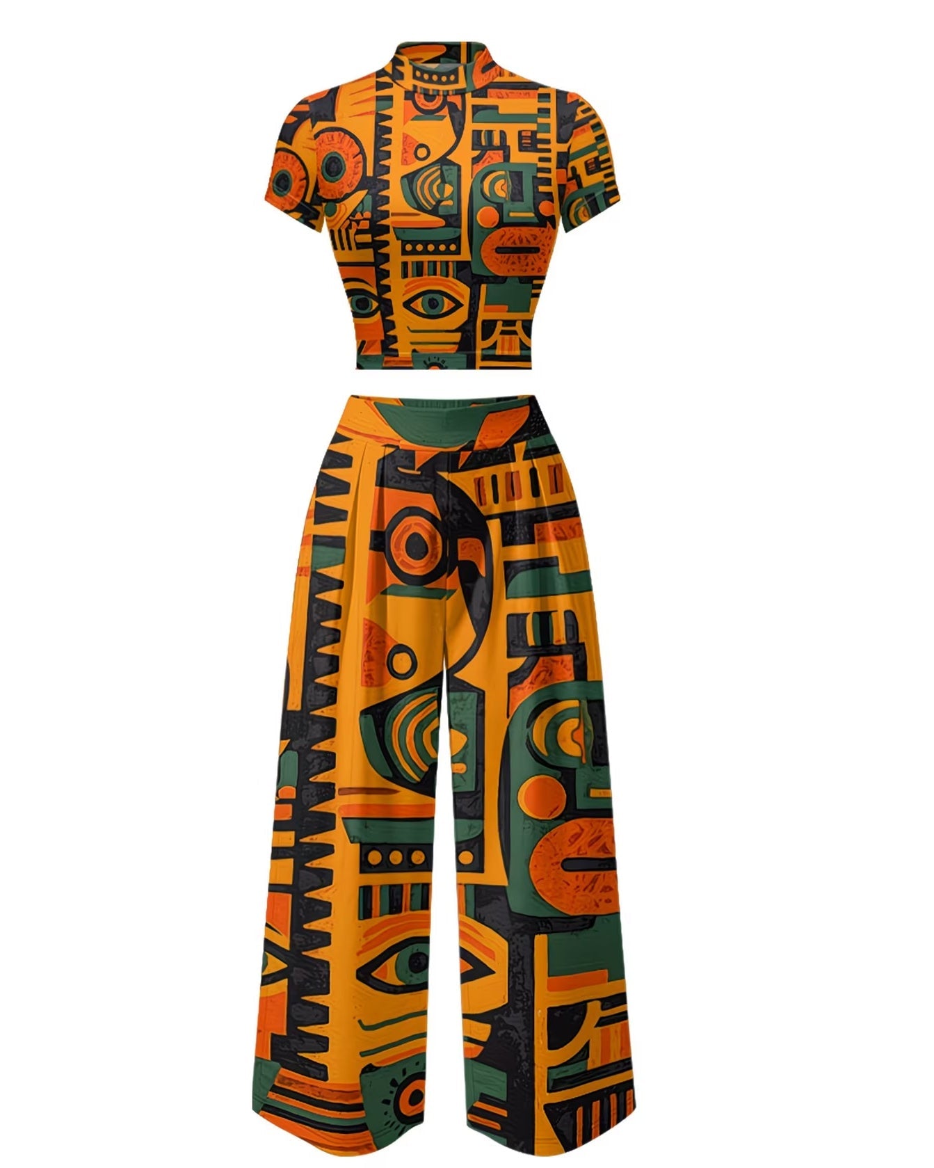 Orange African Traditional Print High Waist Wide-leg Women's Two-piece Set