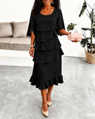 Fashion Tiered Ruffle Crewneck Loose Fit Flowy A-Line Midi Dress
