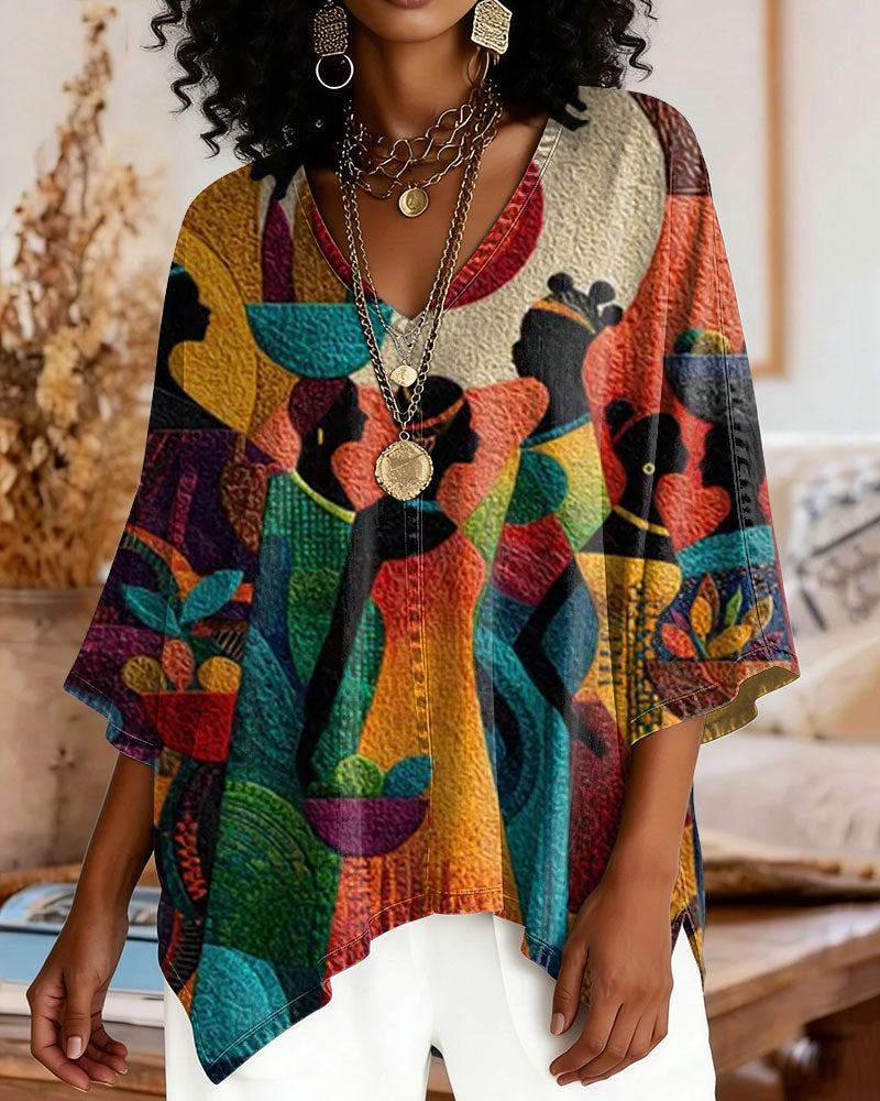 V-neck Colorful Ethnic Art Loose-fitting Top