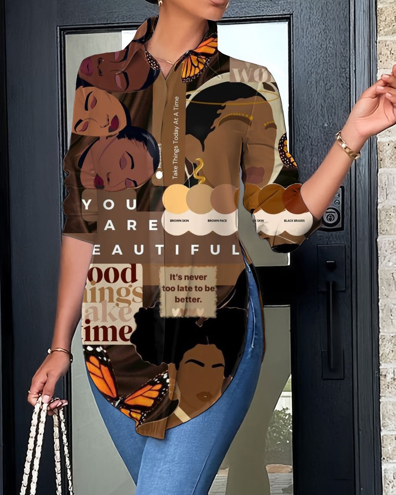 Fashion Brown Girl Poster Single Breasted Irregular Long Sleeves Blouses