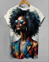 Oil Painting Short Hair Black Girl Printed Short Sleeve T-shirt