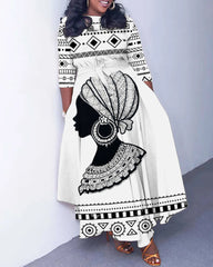 Tribal Women Geometric Patchwork Long Sleeve Pockets Maxi Dress