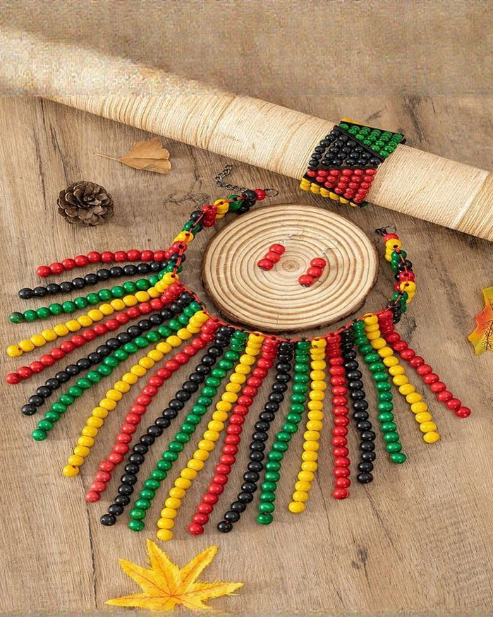 Reggae-Inspired Colorful Multi-layer Braided Choker & Earring Set-Long Set