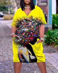 V-neck Colorful Watercolor Afro Girl Pocket A-line Dress