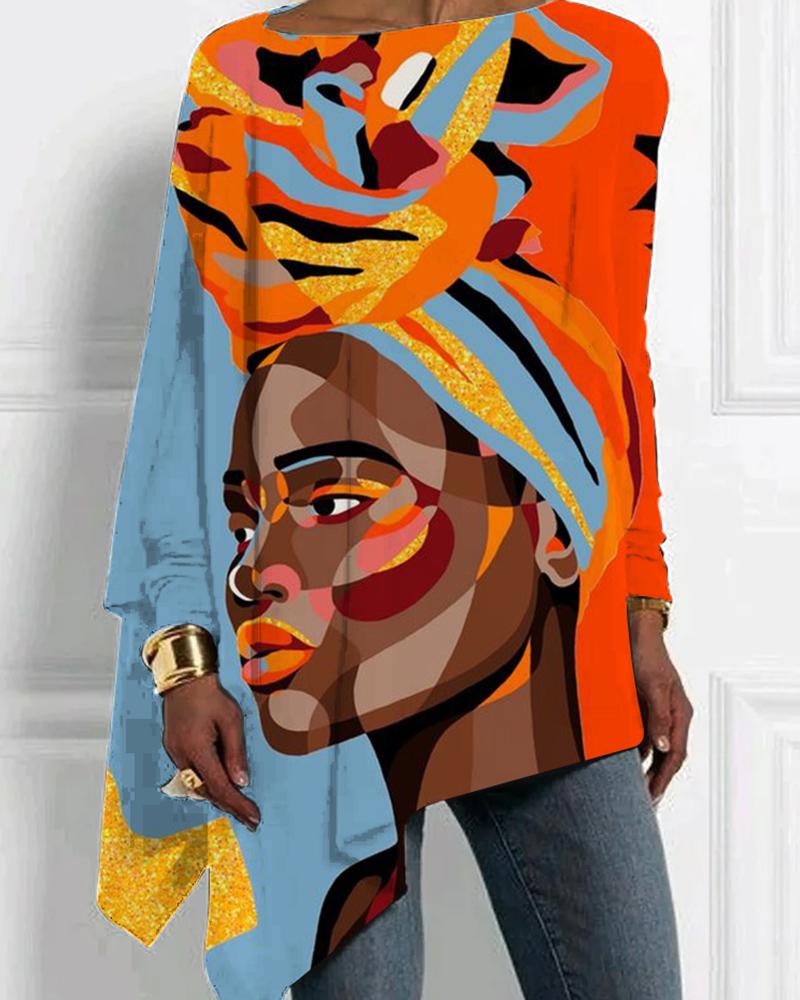 Black color contrast print one word collar personality irregular ladies top