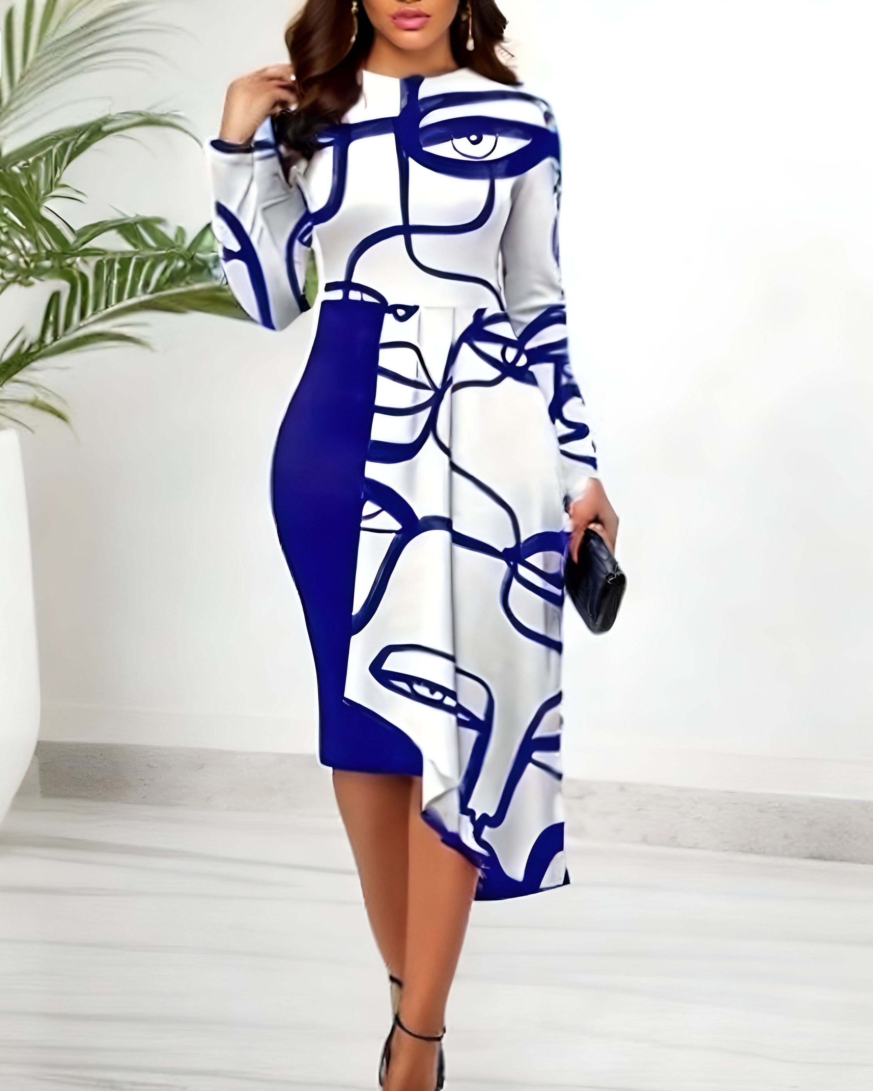 Crew Neck Long Sleeve Asymmetrical Hem Face Print Dress