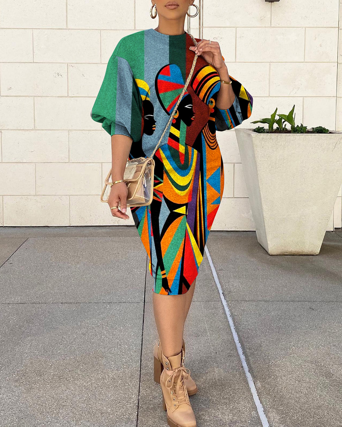 Round Neck African Women's Art Lantern Sleeve Simple Sweatshirt Dress