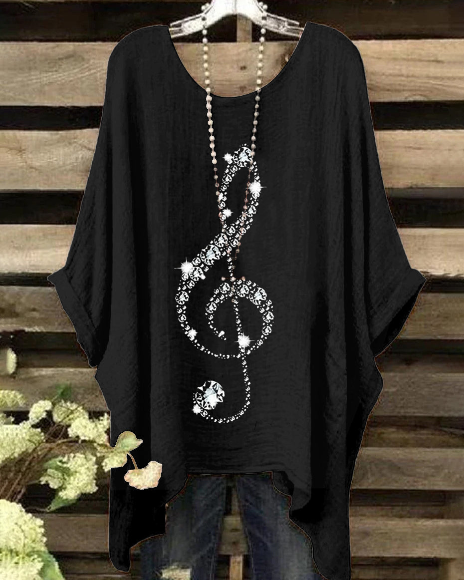Women's Silver Music Symbols Print Irregular Shirt