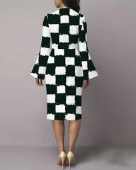 Black and White Plaid Flared Sleeves Midi Bodycon Dresses