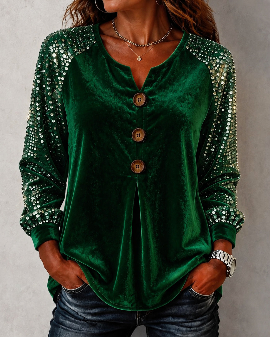 Velvet Sequin Raglan Long Sleeve Blouse