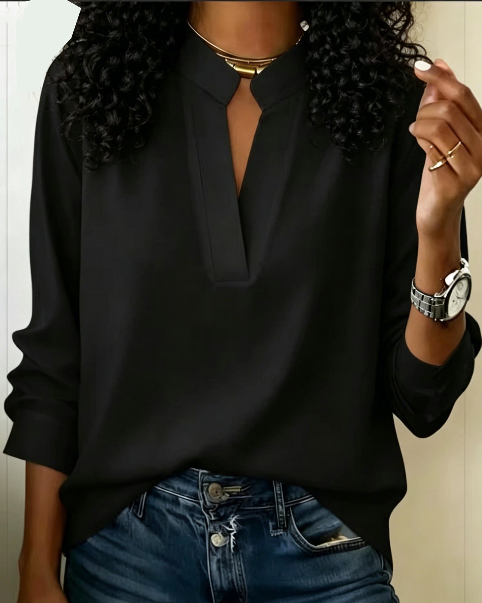 Solid Color Minimalist V-Neck Cotton Shirt