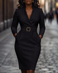 Belted Midi Dress with Structured Collar Includes Belt