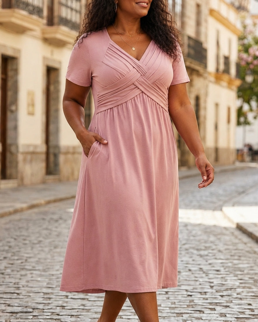 Rossover V-Neck Midi Dress with Pockets