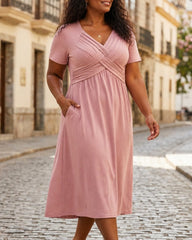 Rossover V-Neck Midi Dress with Pockets