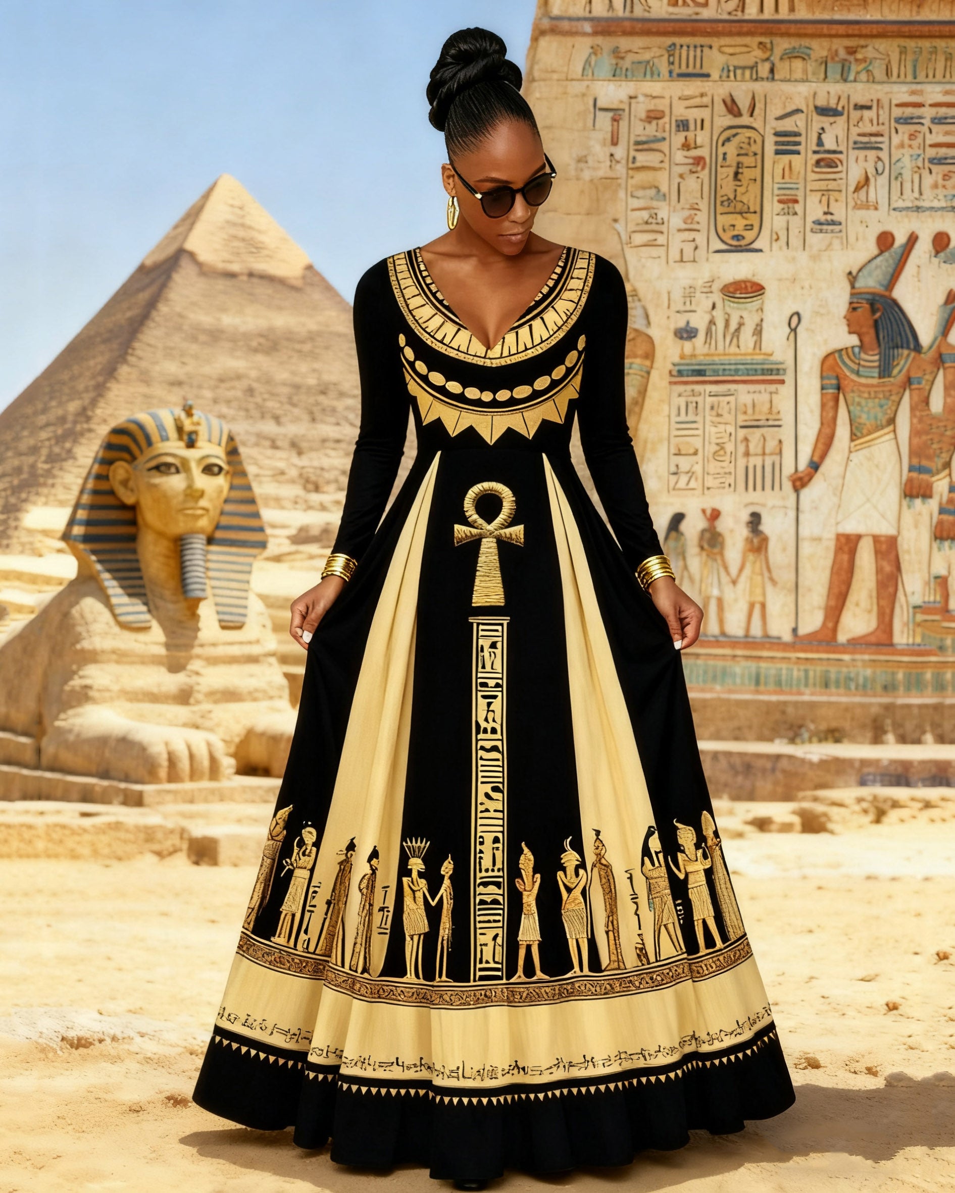 V Neck Black Culture Egyptian Retro Totems Long Sleeves Maxi Dress